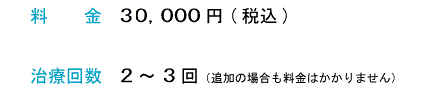 料金　３０，０００円（税別）　治療回数　２～３回（追加の場合も料金はかかりません）　保証　３年間（当院条件をお守りいただいた場合）